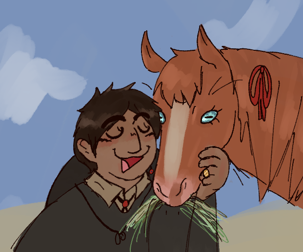 A drawing of Warbler next to his horse, Maverick. Warbler has messy dark brown hair and brown skin with a noticeable tanline going over the bridge of his nose. He's smiling widley with a 3 mouth and closed eyes. He wears a black poncho over a pale brown shirt with a bolo tie, a hat hanging on his back by a string, a hanging earring of a red evil eye, and a wedding band on his left ring finger. This is the inncorrect placement for it for the time period but I don't feel like fixing it. Maverick is a red-orange horse with scary bluse eyes. She has a pale nose with brown splotches and a white flash down the middle of her face. She wears a red ribbon tied into her mane