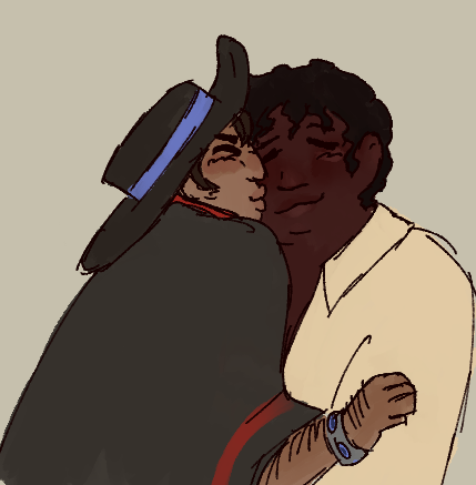 A drawing of Warbler kissing Mallory on the cheek. Warbler's face is scrunched up and Mallory leans in, smiling with xer eyes closed. Xe has very dark skin, short, tightly curled hair, and wears a yellowish white shirt unbuttoned realitvely low.