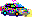 pixel art of a rainbow toyota echo with its lights on