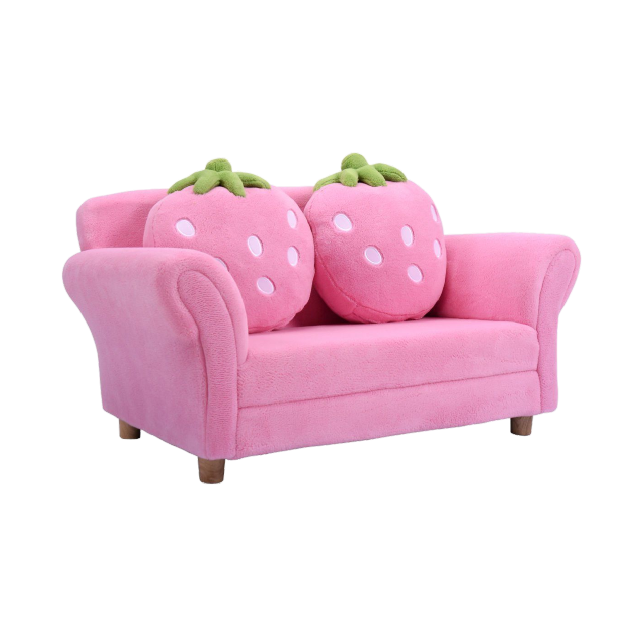 a pink couch with matching strawberry pillos