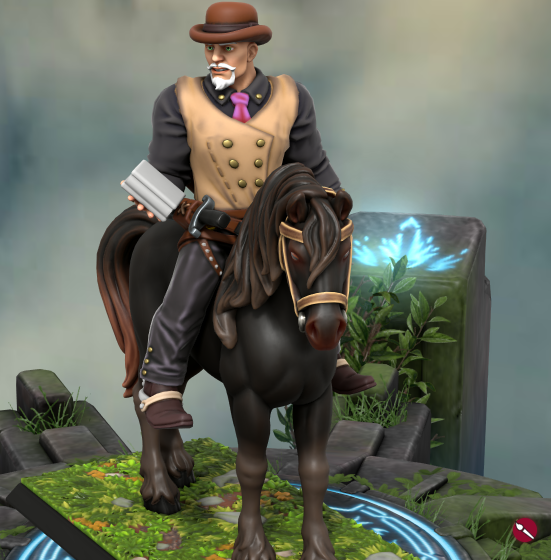 A heroforge model of a an older white man with a white mustache and goatee wearing a derby hat, a pink tie, a black black shirt, black pants, dark brown boots, and a brown gun holster. he's holding a book and riding a saddled black horse with brown eyes