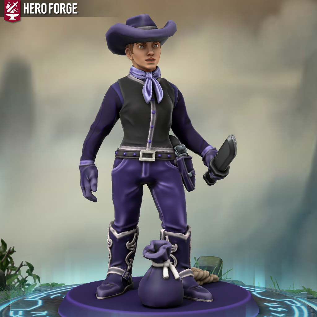 A heroforge model of a white man standing over a purple bag. He holds a knife. He has on a dark purple hat, a lavender ascot, a dark purple shirt, a black vest with silver accents, a dark purple gun holster, purple pants, purple gloves, and purple boots with silver accents