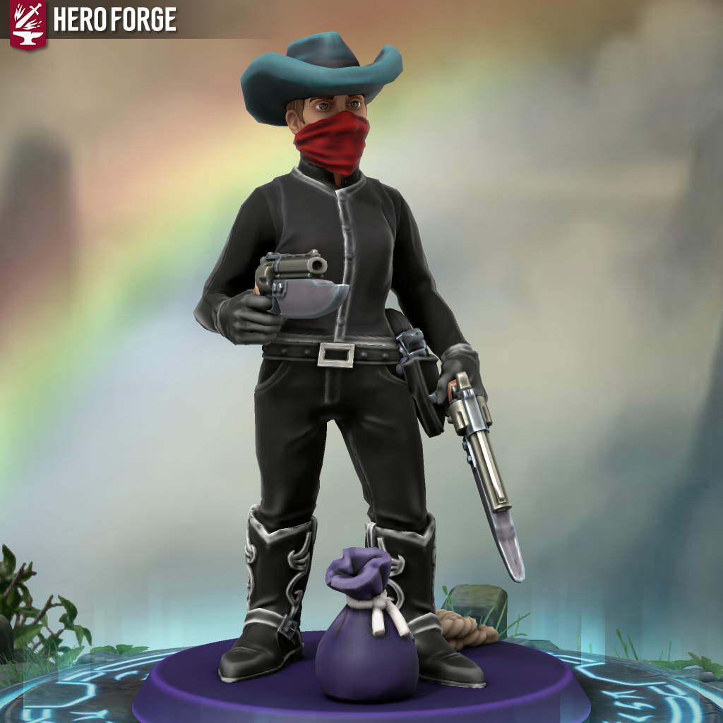 A heroforge model of a white man standing over a purple bag. He holds two pistols with bayonets. He has on a dark teal hat, a red bandana mask, a black shirt, a black vest with silver accents, a black gun holster, black pants, black gloves, and black boots with silver accents
