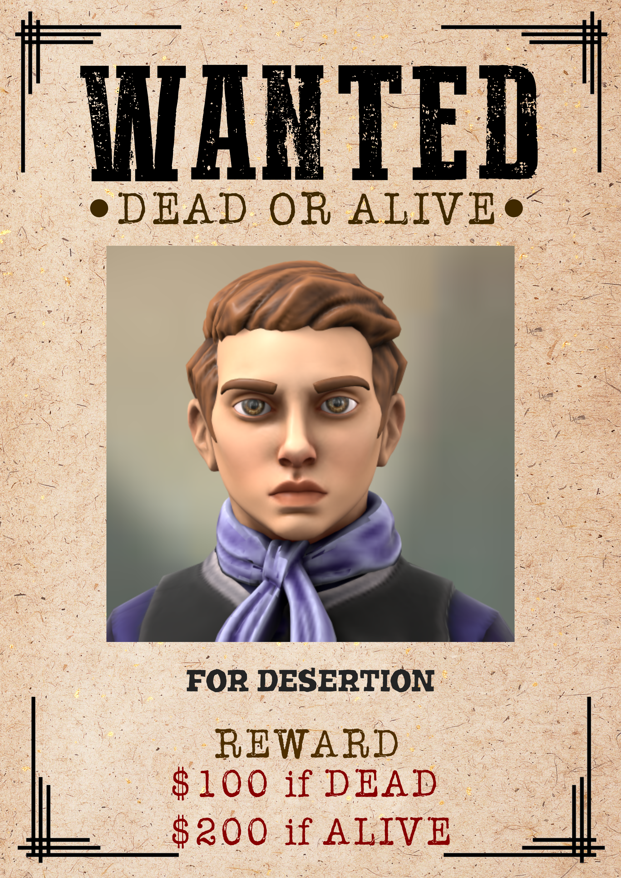 A Wanted poster of Matt, dead or alive. The crime listed is desertation. The reward is $100 if Dead, $200 if Alive. It has a close up of his face. He has hazel eyes, and reddish-brown hair.