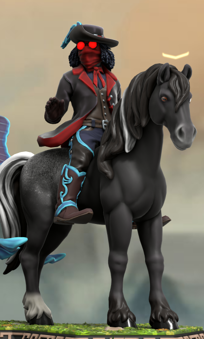 a heroforge model of a person riding a black apoloose horse, bareback. Thier face is completely obscured by their red circular glasses and bandana mask. They have curly black hair and wear a hat with a teal feather in it, a longish black coat with red accents, a red bow, a black vest, black gloves, dark pants, black chaps with teal accents and similar boots.